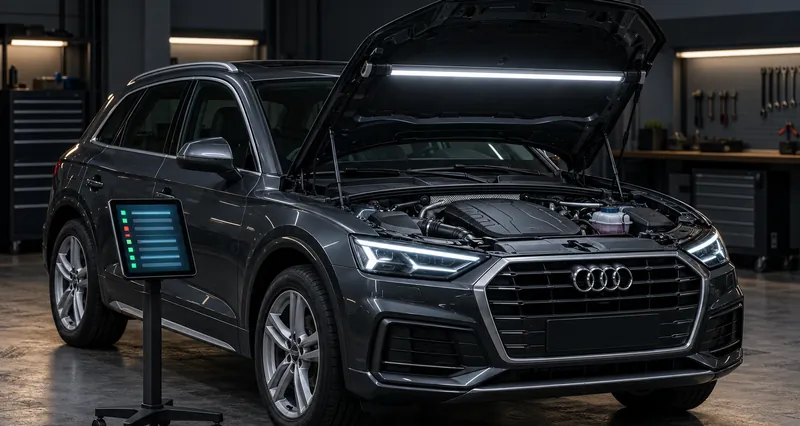 Audi Q5 с открытым капотом в цеху перед комплексной диагностикой