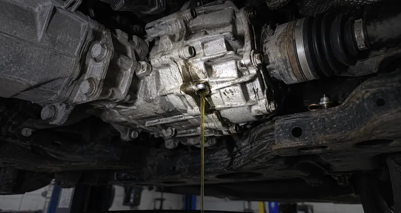 Замена масла в раздатке Skoda Kodiaq 4x4: масло струёй стекает из сливного отверстия в воронку, вид снизу, рядом коробка и правый привод