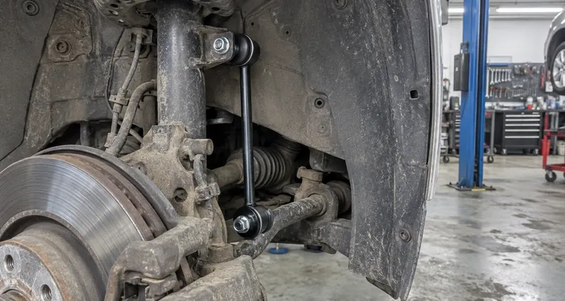 Новая стойка стабилизатора в передней арке Volkswagen Golf 7, колесо снято