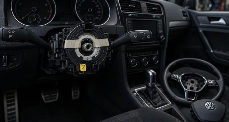 Замена рулевого шлейфа на Volkswagen Golf 7: руль снят, новый шлейф на рулевой колонке
