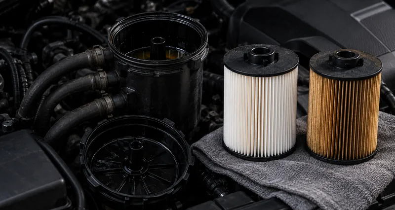 Новый и старый элемент топливного фильтра у открытого корпуса, Volkswagen Golf 7 2.0 TDI